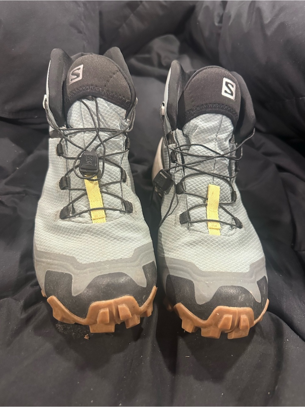 Salomon Women’s Hiking Boots in Light Blue, Black and Tan with Yellow Accent